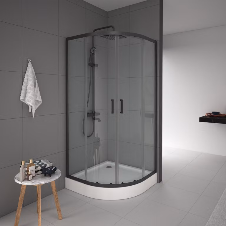 Cabina doccia 90x90 Marwell vetro doccia Factory rotonda, nero, 90 x 90 x 200 cm - Cabina doccia con telaio in alluminio nero opaco - Cabina doccia con porta scorrevole