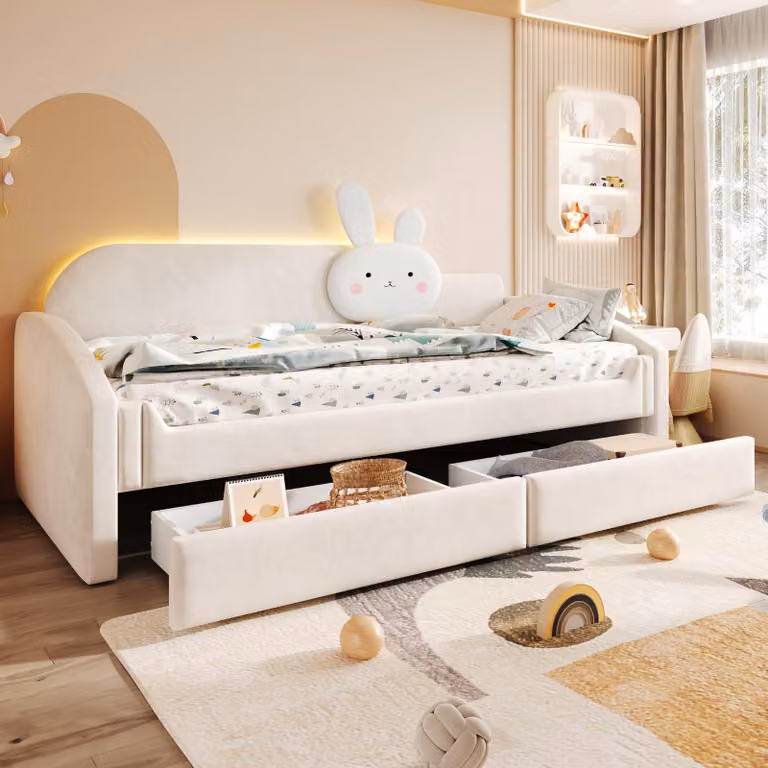 Divano letto Flieks 90x200 cm con 2 cassetti, lettino per bambini con cuscino a forma di coniglio, divano letto trasformabile con illuminazione LED e braccioli, in velluto, color beige