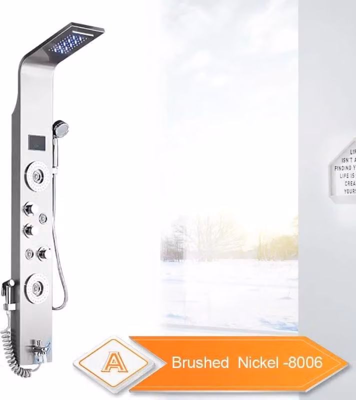 Pannello doccia, luce LED, modalità pioggia e cascata, nichel spazzolato 8006