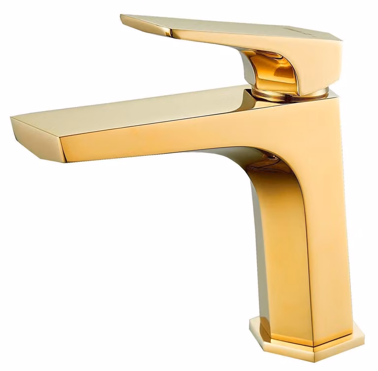 Miscelatore monocomando per lavabo, in ottone dorato, altezza 114 mm