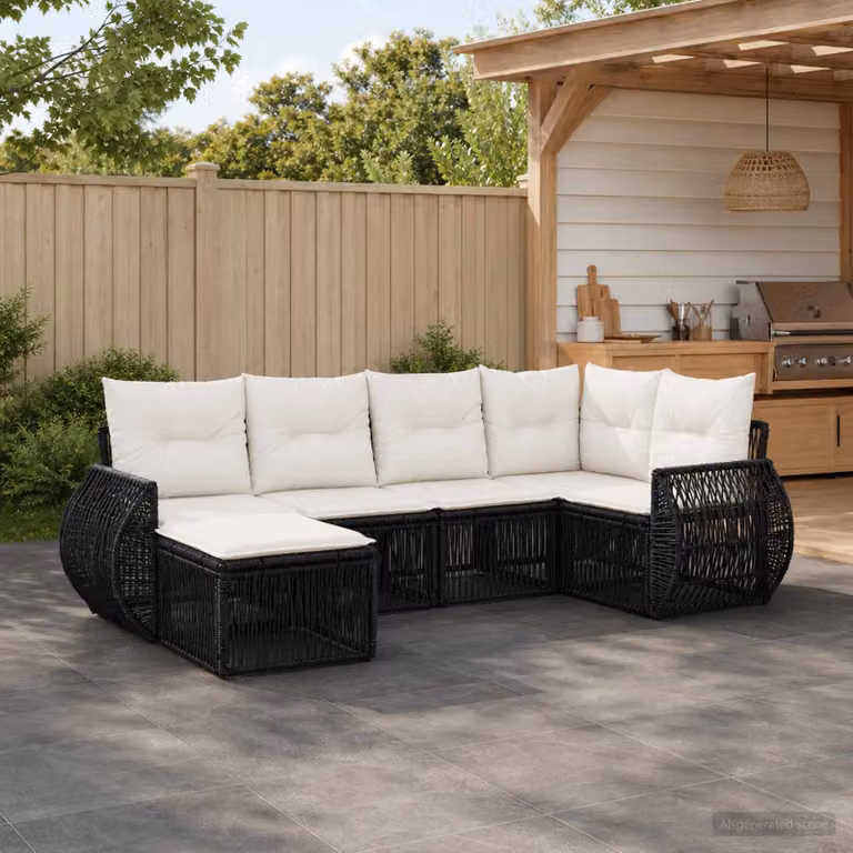 Set Divano da Giardino vidaXL 6 pz a Forma a L con Poltroncina e Cuscini, Colore Nero e Bianco Crema, Struttura in Metallo e Polyrattan