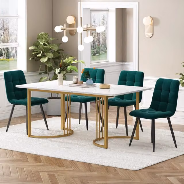 Set Tavolo da Pranzo con 4 Sedie ¨C Xylo ¨C Piano MDF Bianco, Gambe Dorate, Velluto Verde, 140x80cm