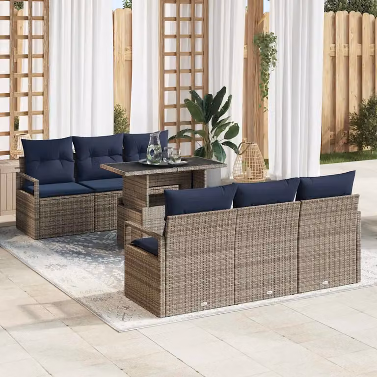 Set Divano da Giardino vidaXL 7 Pezzi a Forma di L in Polyrattan Grigio con Cuscini e Tavolino