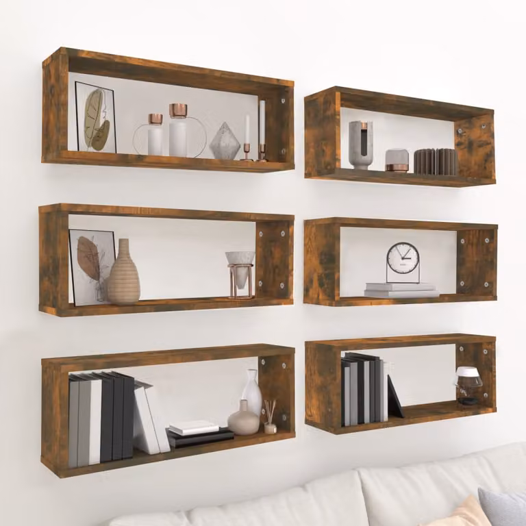 Set di 6 mensole a cubo da parete vidaXL in multistrato color rovere fumo, L 60 cm x P 15 cm x H 23 cm