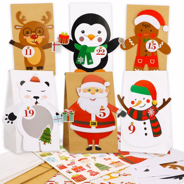 Calendario dell'Avvento da riempire - Sacchetti di carta - Graffette di legno - Adesivi - Fai da te - 10 sacchetti per regali di Natale - Calendario di Natale