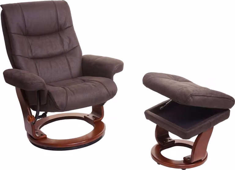 MCA Poltrona relax HWC-J42, poltrona TV Poltrona TV sgabello, tessuto ~ finto camoscio nero-marrone, struttura in noce