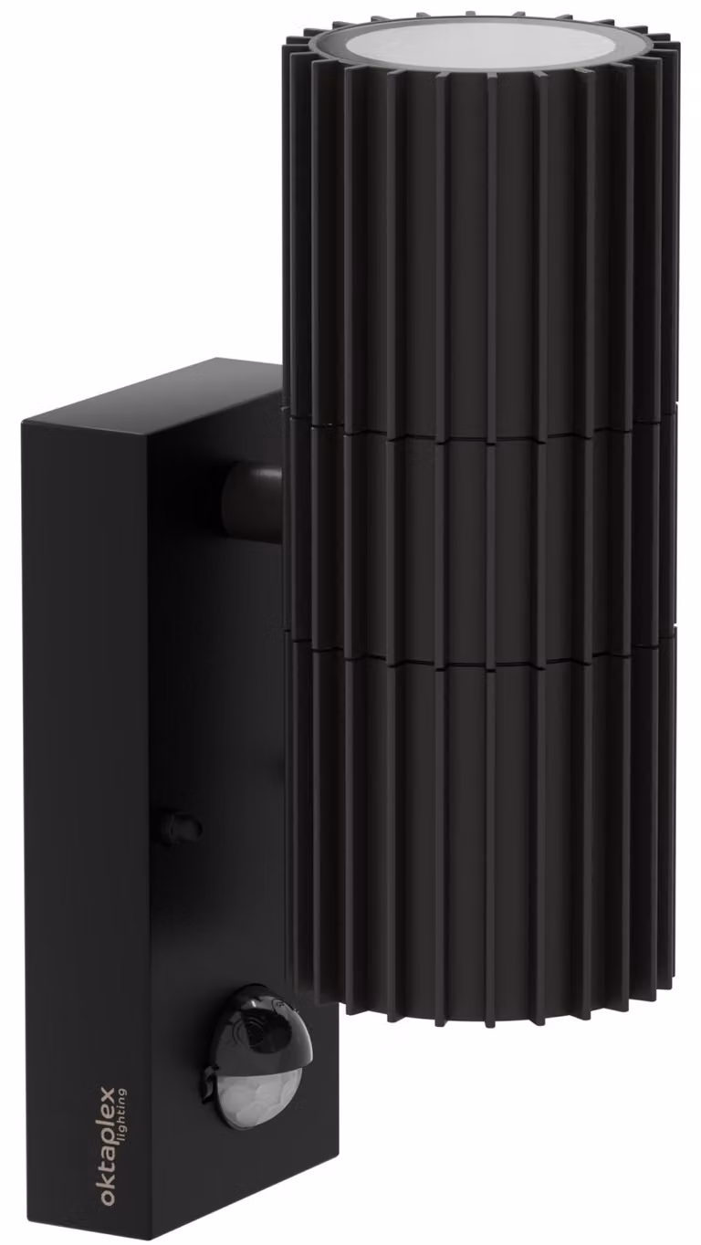 Lampada da parete con sensore di movimento, 2 attacchi GU10, grado di protezione IP44, alluminio nero, 230V