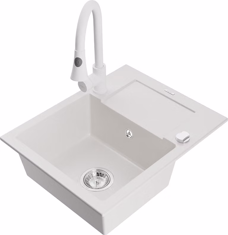 Mexen Enzo lavello in granito 1-vasca con scolapiatti e rubinetto da cucina Elia, bianco - 6506-20-670101-20