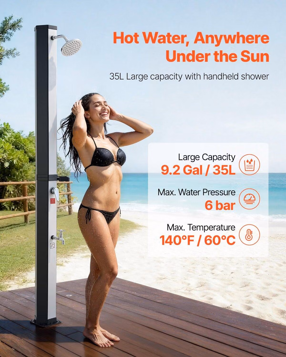Doccia riscaldata a energia solare da 35 litri, doccia esterna con soffione alto 195 cm, rubinetto a pedale e portasapone, regolazione acqua calda e fredda, indipendente per piscina in giardino, spiaggia o piscina, nero argento
