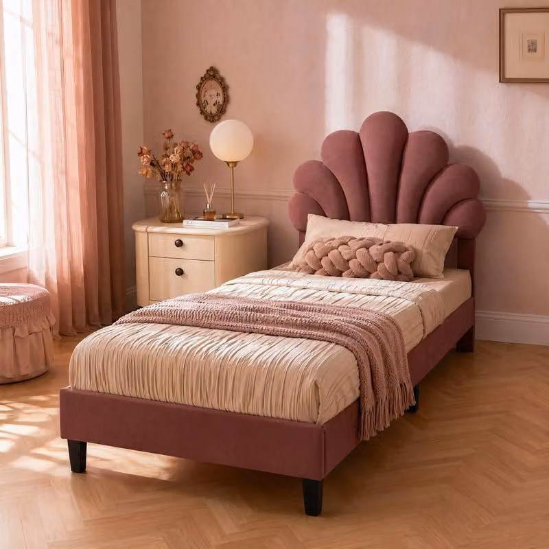 Letto imbottito ProximaX, dimensioni 90x200 cm, color borgogna, con testiera a forma di fiore regolabile in altezza
