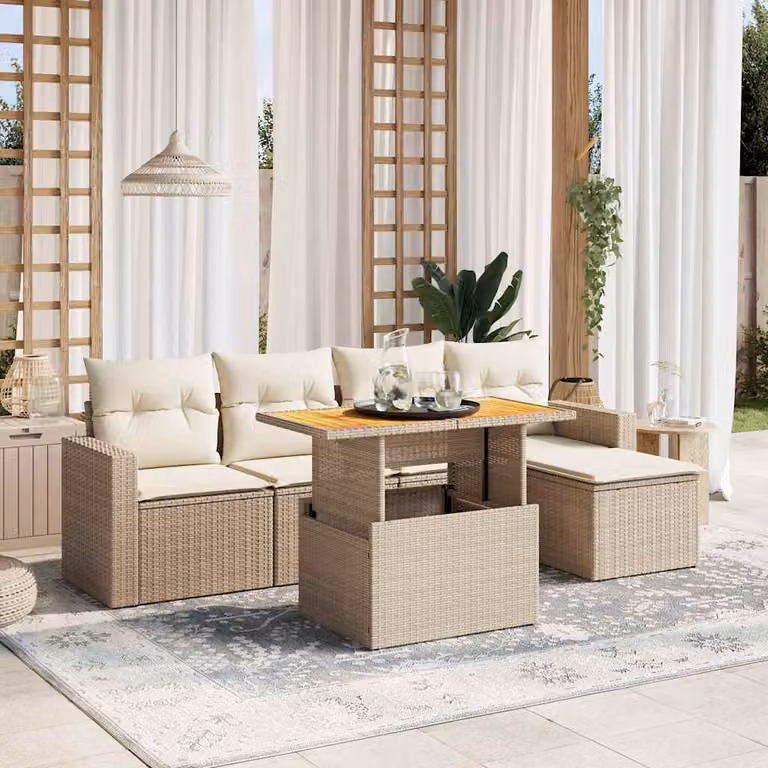 Set Divano da Giardino L-Shape vidaXL in Rattan e Legno di Acacia con Cuscini Beige e Tavolino, 6 Pezzi