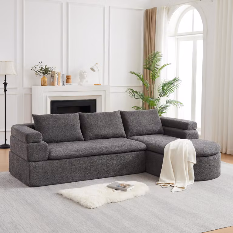 Divano angolare a forma di L, con chaise longue, rivestito in velluto, tre posti, braccioli a gradoni, confortevole (beige)