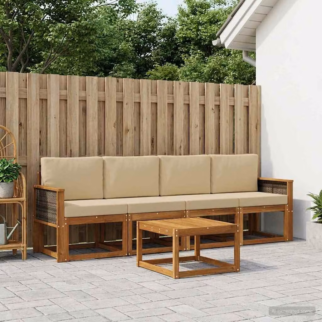 Set di divani da esterno vidaXL in legno di acacia con cuscini, composto da un divano a 3 posti, un divano a 2 posti e un tavolino da caffè, colore beige e marrone