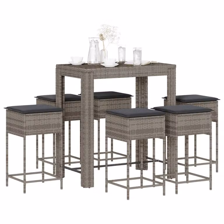 Set Bar da Giardino vidaXL in Polyrattan Grigio con 7 Pezzi e Cuscini