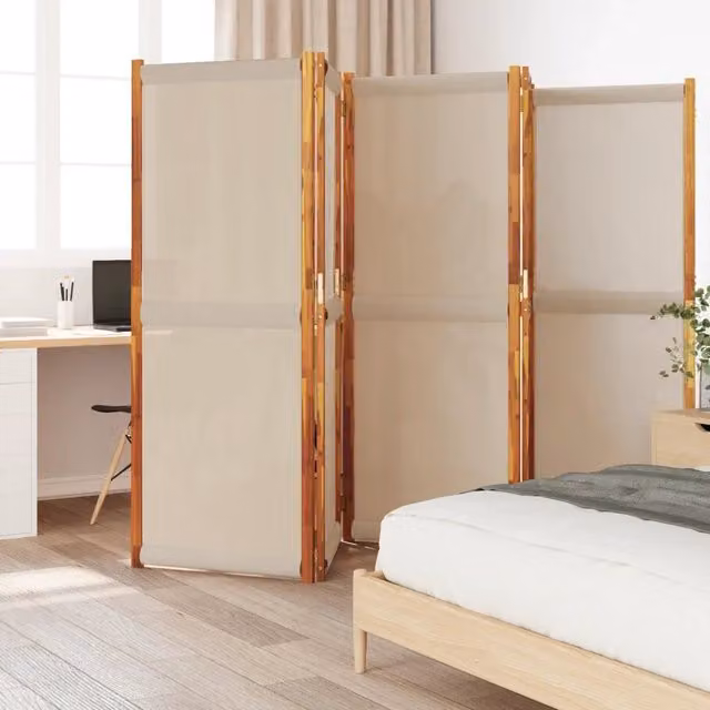 Divisorio a 5 Pannelli vidaXL in Legno di Acacia Oliato e Textilene Beige L: 350 cm, H: 180 cm