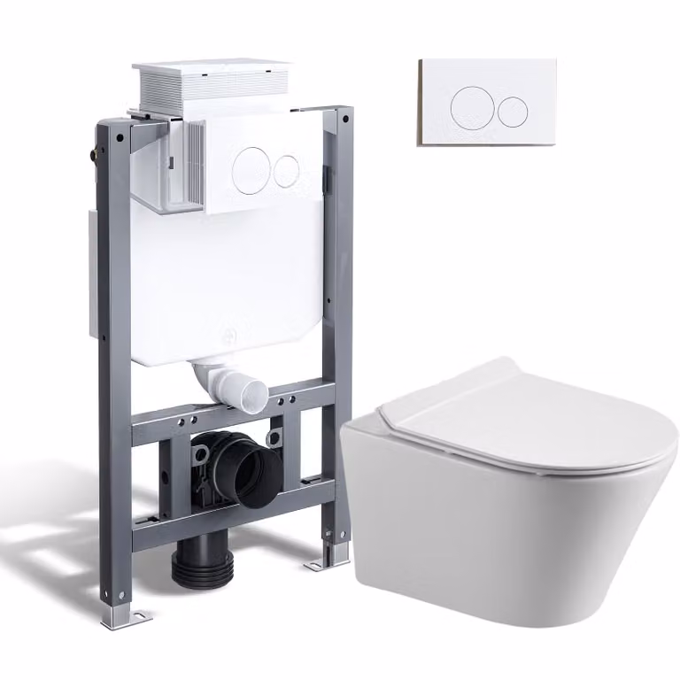 HOROW Set completo per WC senza brida, cassetta da incasso da 82 cm + WC sospeso + piastra di spinta rotonda bianca