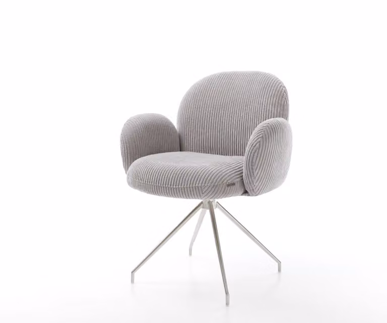 Sedia girevole DELIFE Nube-Flex con braccioli in tessuto corda grigio argento, base a croce conica in acciaio inossidabile, rotazione a 180°, imbottitura a molle insacchettate