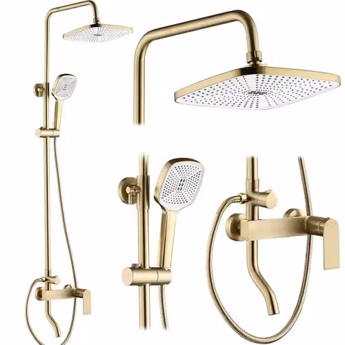 Rea - Colonna Doccia Storm Gold Brush Sistema Doccia In Ottone Per Bagno (Oro Spazzolato) 45x30x144cm