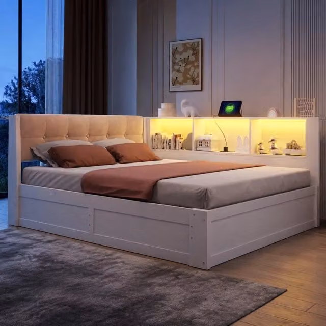 Letto singolo 140x200 cm in legno di pino bianco con contenitore idraulico, LED dimmerabile e scaffale con porta USB