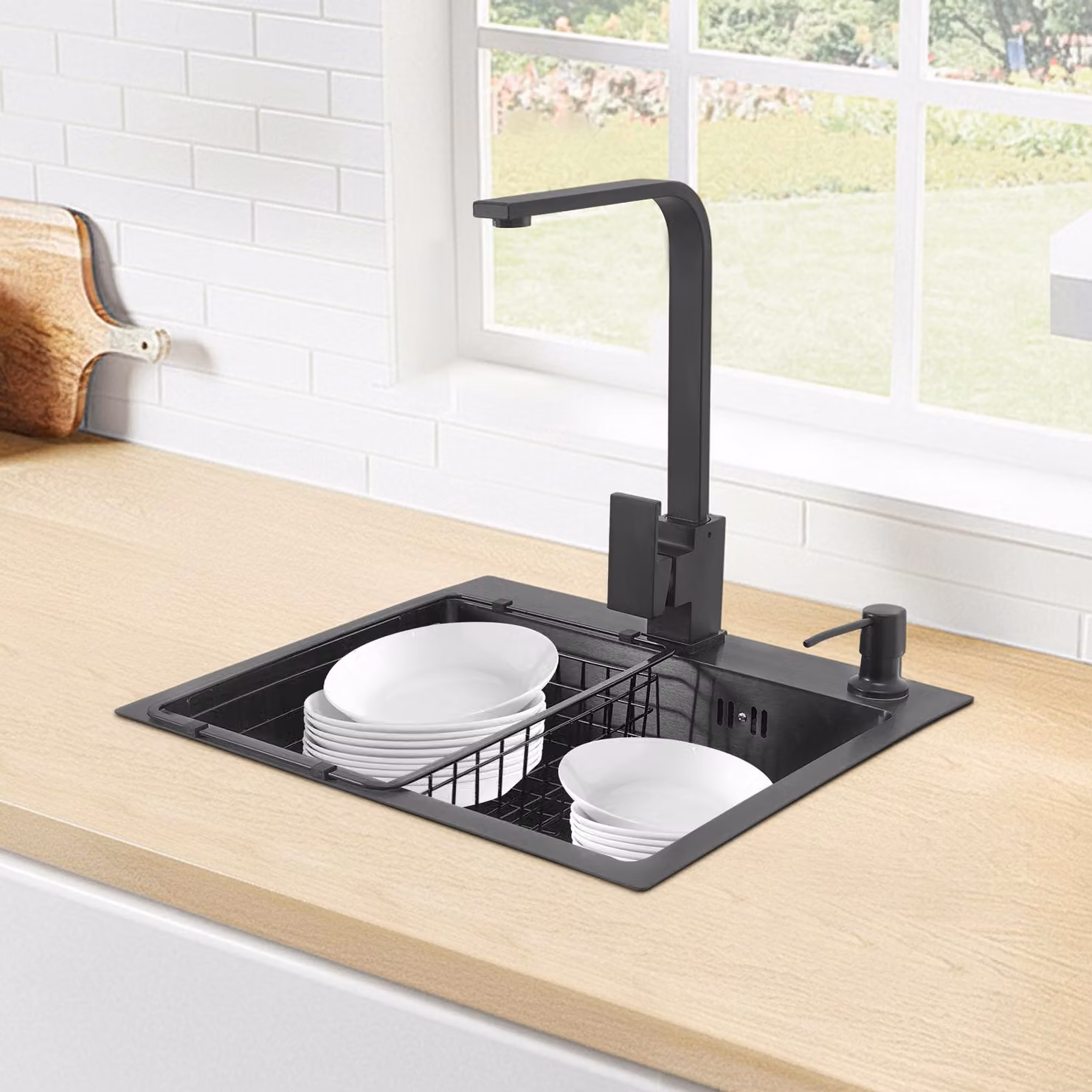 Lavello da cucina a una vasca - Grigio scuro - 45x40 cm - Acciaio inossidabile - Con rubinetto