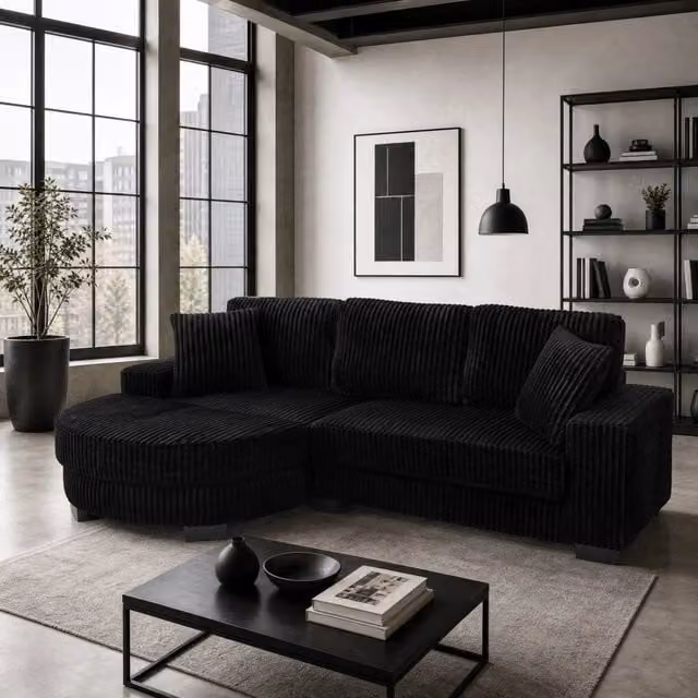 Divano angolare a L modulare con pouf ovale; 256;5 x 133;5 x 89 cm; velluto a coste; nero