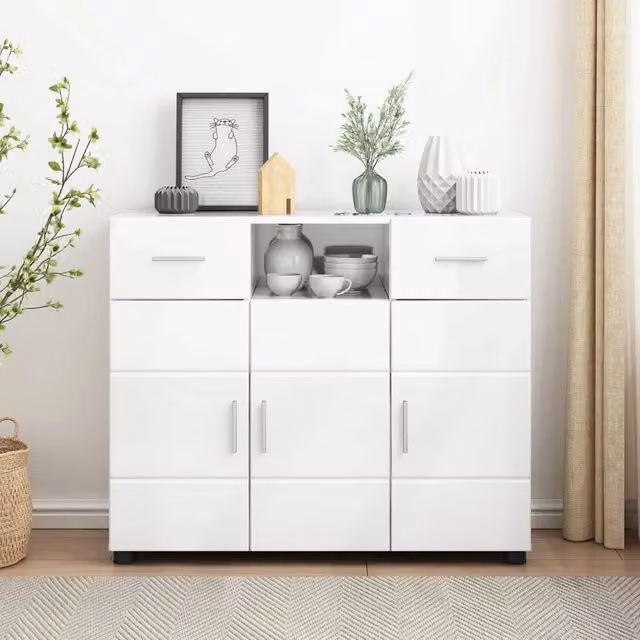 Armadio moderno vidaXL in legno MDF bianco lucido con ante a battente e ripiani interni