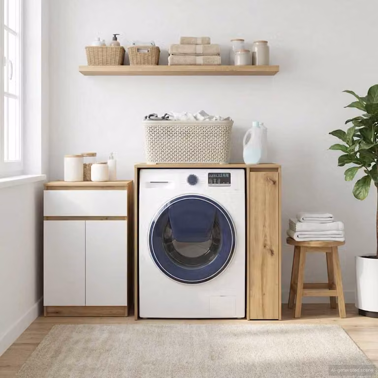 Mobiletto per lavatrice vidaXL in legno rovere e bianco con ante a battente, L: 87 cm, P: 60 cm, H: 89 cm