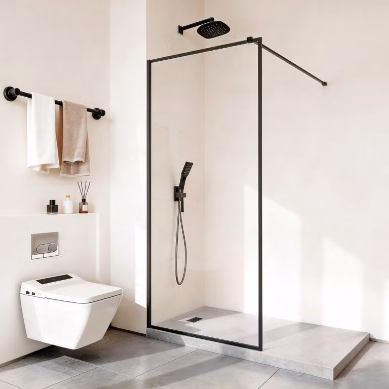 Pannello doccia in vetro - Pannello doccia walk-in - Fisso - 864 x 1870 mm (L x A) - Vetro di sicurezza ESG trasparente da 8 mm - Senza telaio - Con guarnizione a pavimento e ferramenta - Nero opaco