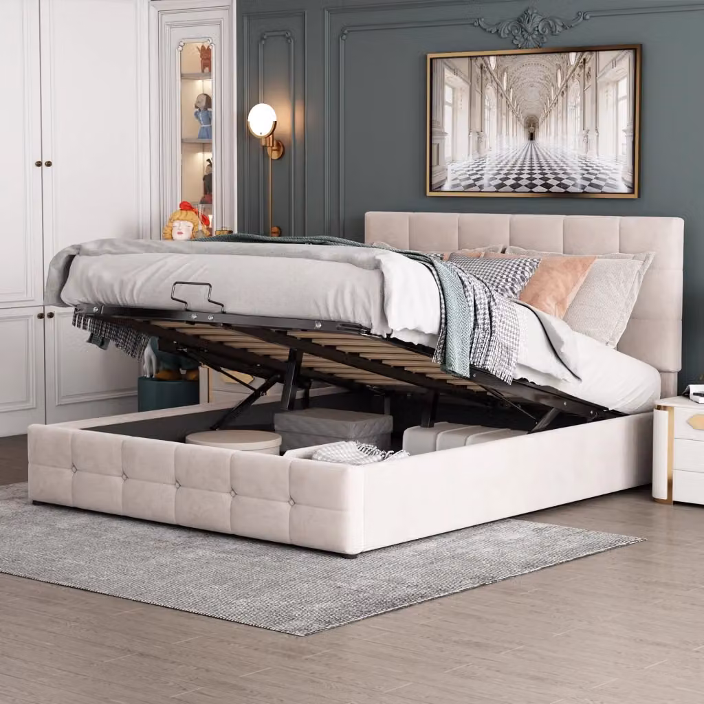 Letto Contenitore REDOM in Velluto Beige con Rete Alzabile L: 140 cm, P: 200 cm, H: 106 cm – 2