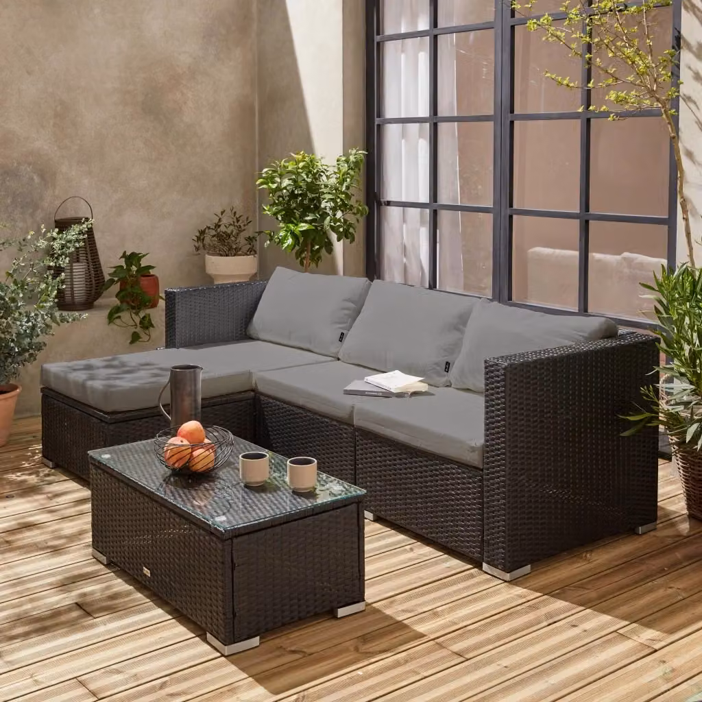 Set da giardino moderno Sweeek a forma di L con pouf, tavolino da caffè e cuscini inclusi, colore nero – 2