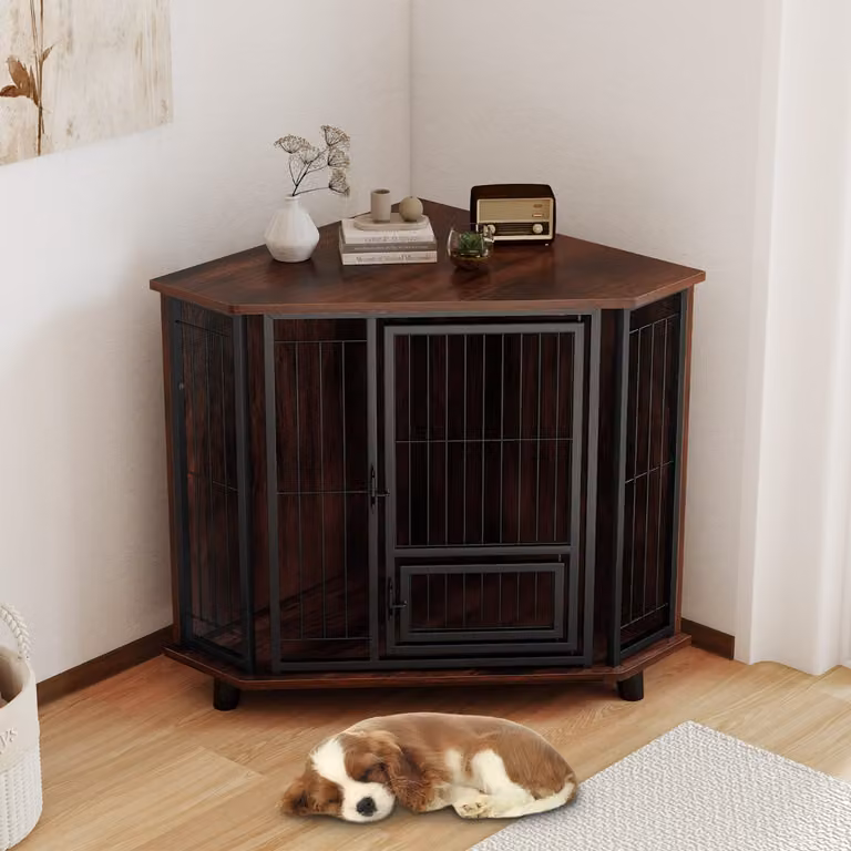 Gabbia angolare per cani Costway in legno marrone con porta serrabile e piano di lavoro integrato