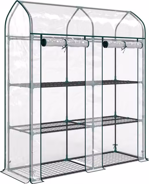 Serra da balcone Outsunny con 3 ripiani e 2 porte avvolgibili, struttura in acciaio e copertura in PVC trasparente, L 143 cm x P 46 cm x H 165 cm – 1