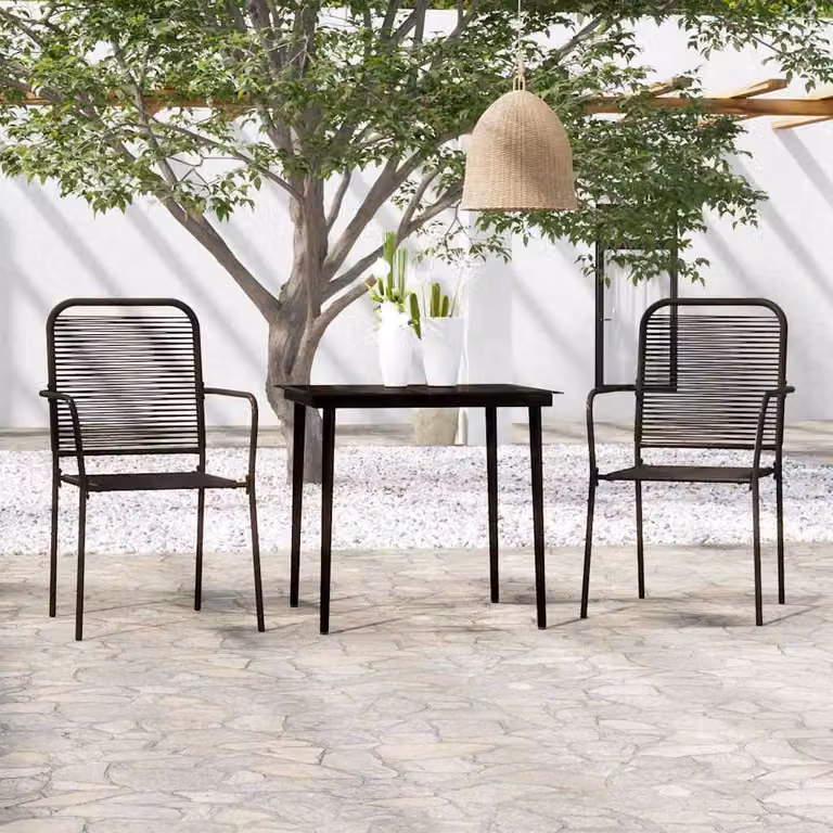 Set Mobili da Pranzo da Giardino Moderno vidaXL in Acciaio Verniciato Nero e Vetro, 3 Pezzi