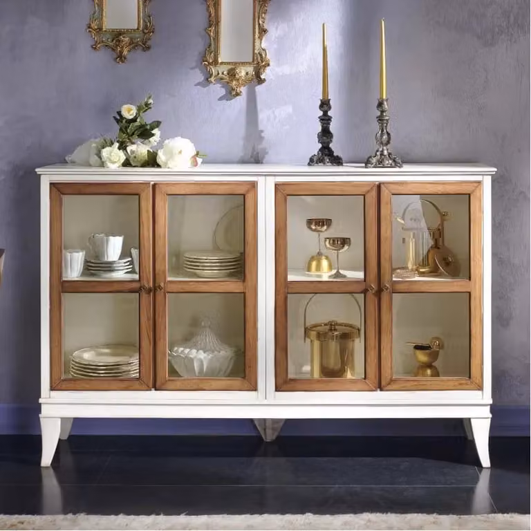 Credenza stile inglesina shabby chic con 4 porte in vetro bianca Mobili 2G L/P/H: 160 x 39 x 104 cm