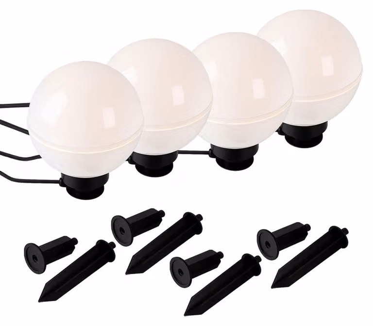 4x luci a innesto per esterni, globo, bianco, picchetto a terra, cavo, D 20 cm