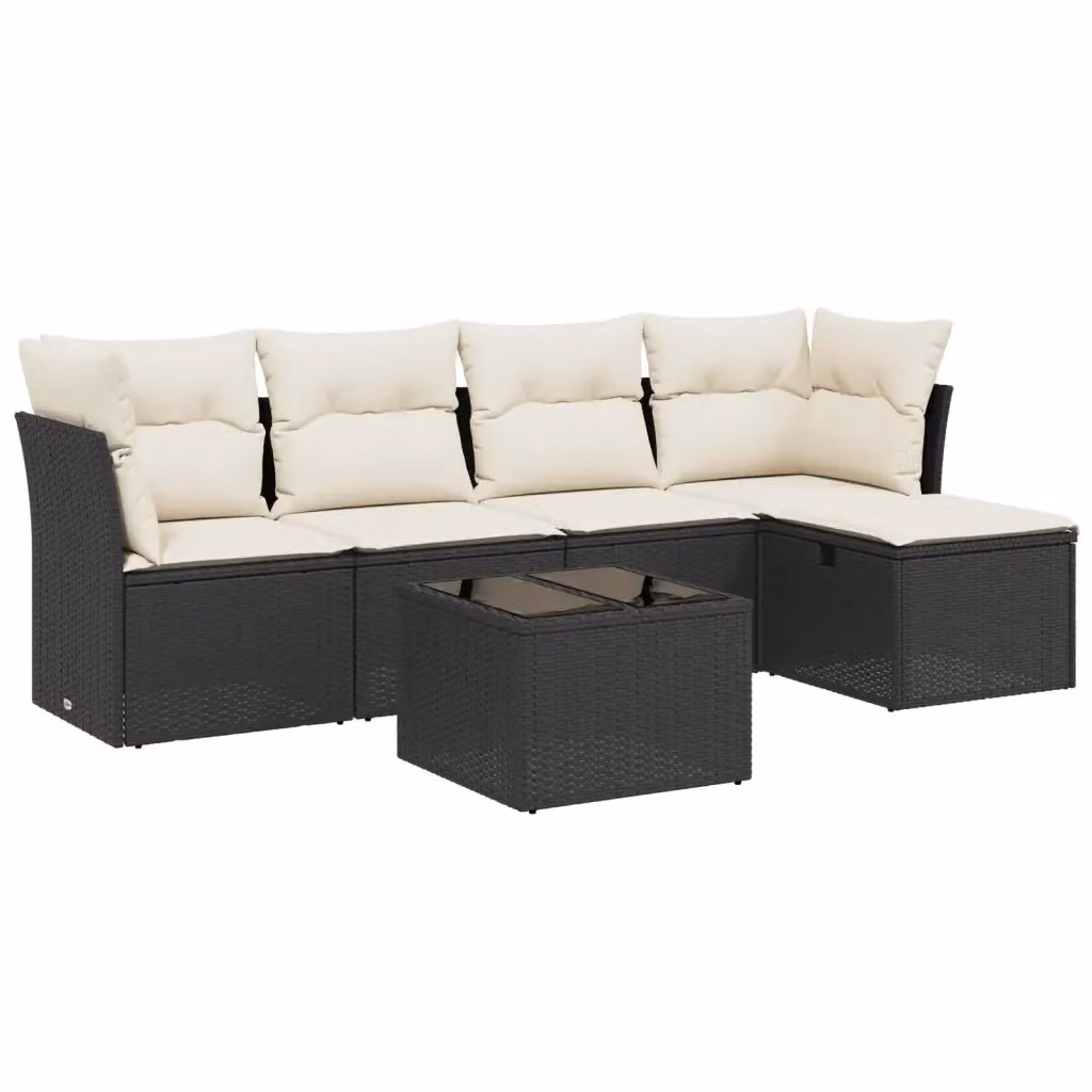Set Divano da Giardino vidaXL 6 pz a Forma a L con Cuscini Nero e Tavolino in Vetro – 2