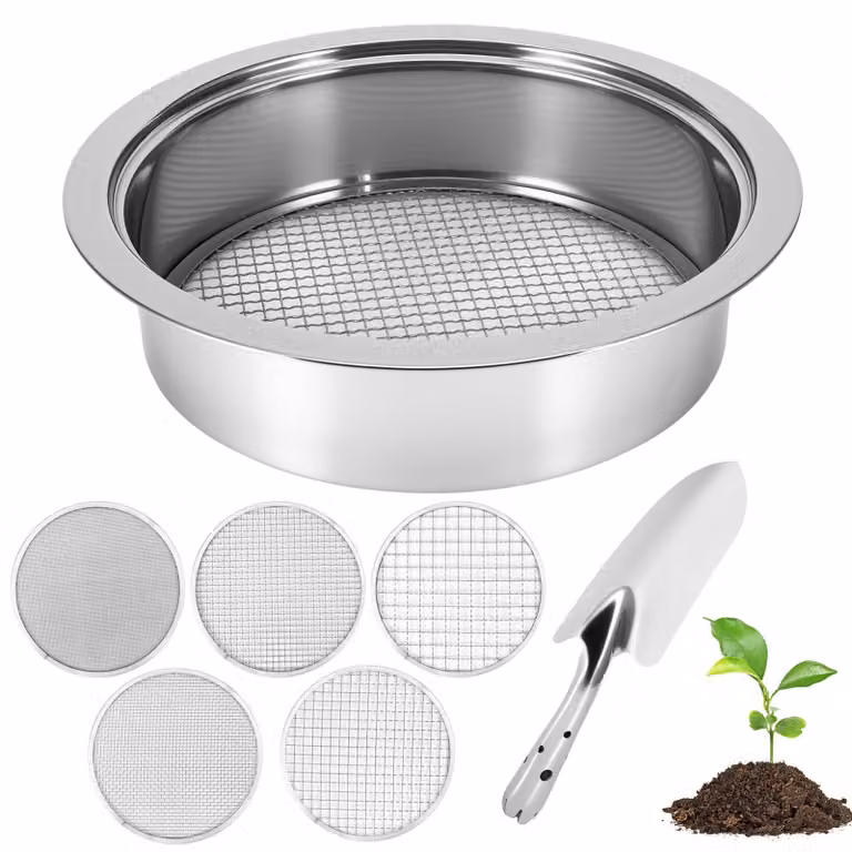 Setaccio da giardino 5-in-1 in acciaio inossidabile, con 5 inserti filtranti e una paletta