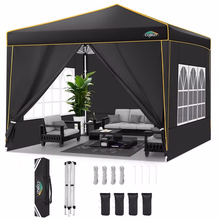 Gazebo da esterno 3x3 metri, impermeabile, stabile, con protezione UV 50+ e dotato di 4 pareti laterali, colore nero