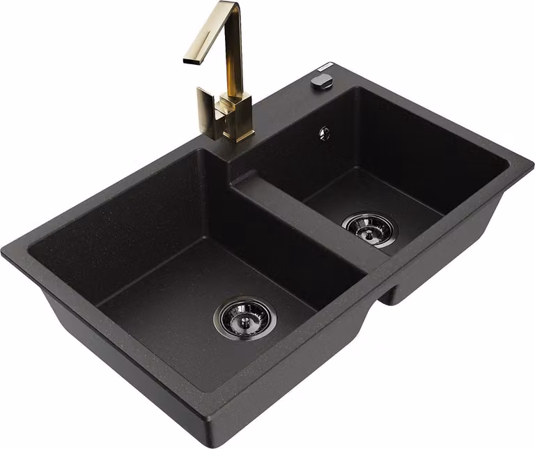 Mexen Tomas lavello da cucina in granito a 2 vasche con miscelatore Rita, nero/oro metallizzato - 6516-75-670300-50-B