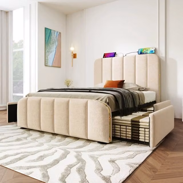 Letto singolo 90 x 200 cm, imbottito, con presa USB/Type-C per la ricarica, 4 cassetti, beige