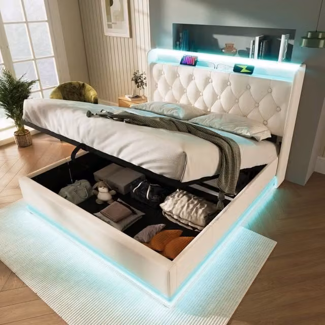 Letto matrimoniale imbottito WISHDOR bianco con rete contenitore idraulica, illuminazione LED e porte USB e Tipo-C, L/P: 140 x 190 cm