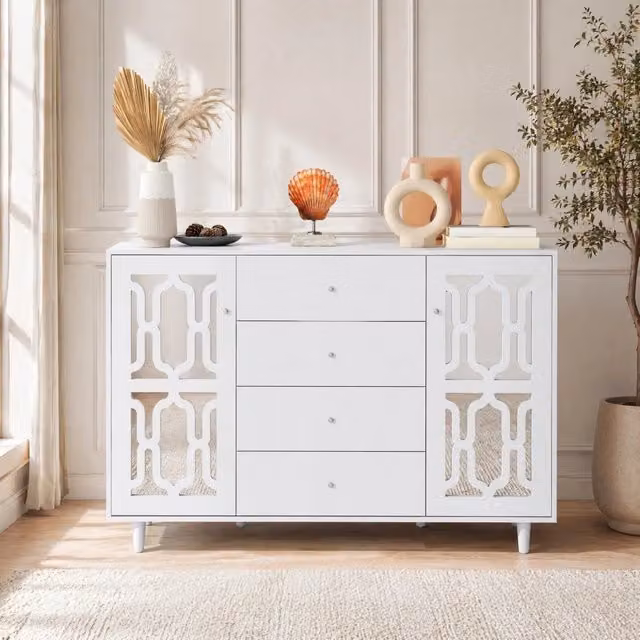 Credenza bianca specchiata 147;5 x 40 x 102 cm in MDF con 2 porte e 4 cassetti