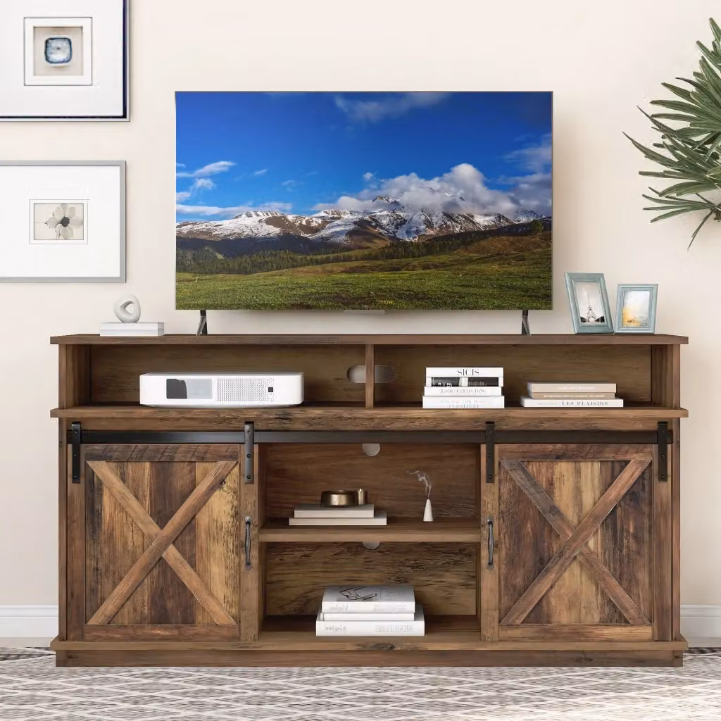 Mobile porta TV OKWISH in stile rustico marrone con 2 ante scorrevoli e ripiani regolabili per soggiorno L: 148 cm, P: 40 cm, H: 78 cm – 2