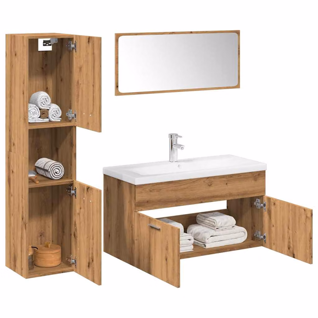 Set di mobili da bagno moderno vidaXL in legno e vetro, 5 pezzi, colore bianco e rovere, L: 90 cm, P: 38,5 cm, H: 46 cm