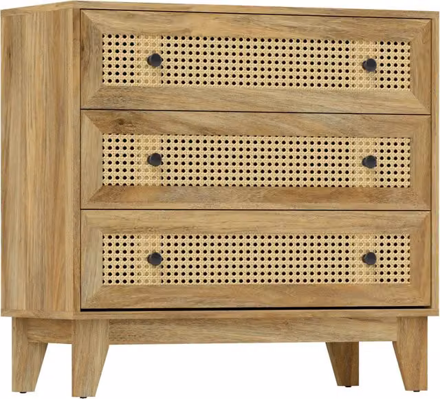 Cassettiera Minimal con 3 Cassetti in Effetto Legno Chiaro e Rattan, Colore Beige, L 80 cm x P 35 cm x H 76 cm