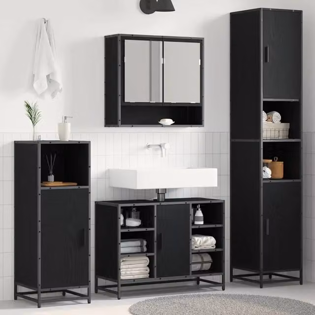 Set di mobili per il bagno moderno vidaXL in legno e metallo, Rovere e Nero, L: 35 cm, P: 37,5 cm, H: 188,5 cm – 1