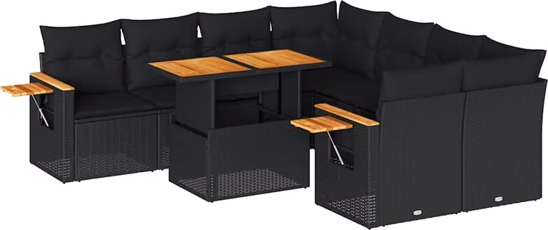 Set Divani da Giardino 9 pz con Cuscini Nero Polyrattan Acacia