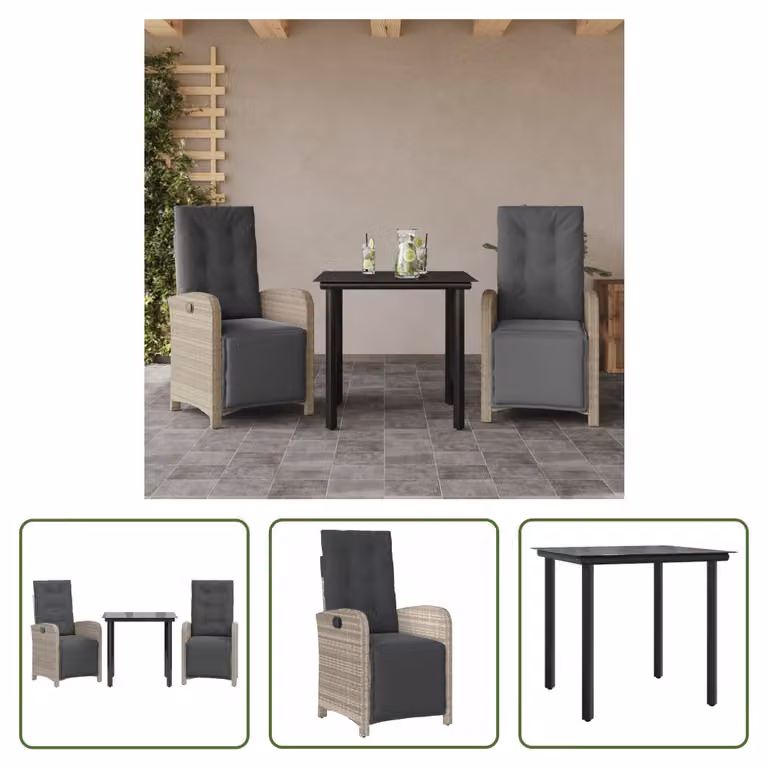 The Living Store Set bistrot 3 pezzi con cuscini in poly rattan grigio chiaro