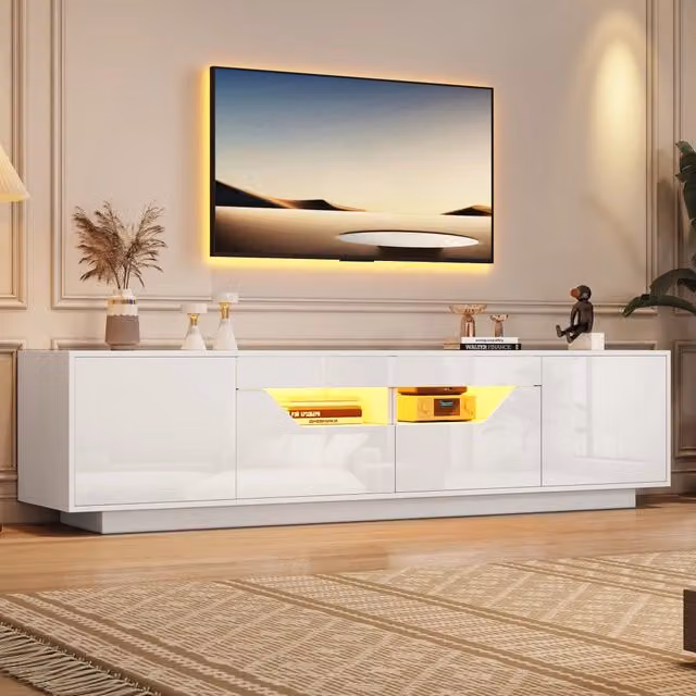 Mobile TV da terra 180x40x45 cm bianco lucido con LED, 2 cassetti, 2 vani aperti e 2 ante, per TV fino a 75"