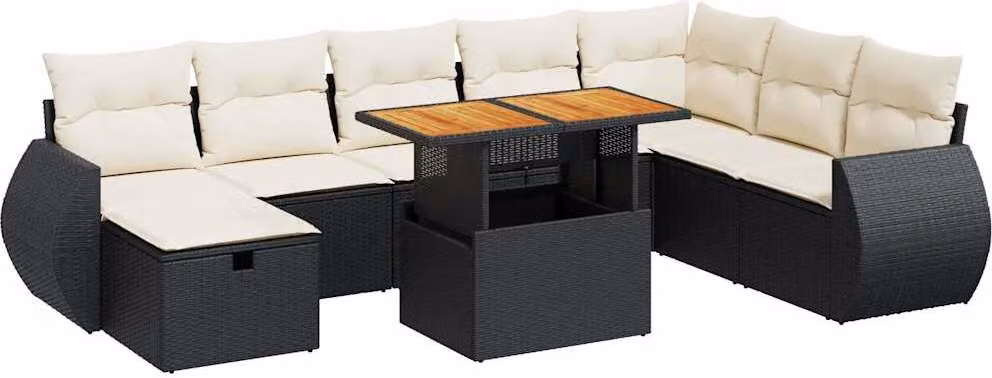 Set Divani da Giardino 9 pz con Cuscini Nero Polyrattan Acacia